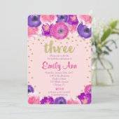 3. Geburtstagseinladungsmädchen, rosa lila Gold Einladung (Stehend Vorderseite)