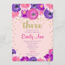 3. Geburtstagseinladungsmädchen, rosa lila Gold