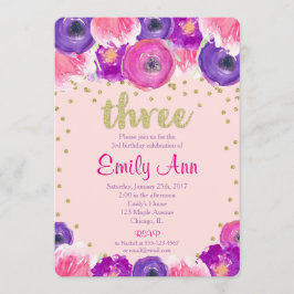 3. Geburtstagseinladungsmädchen, rosa lila Gold Einladung