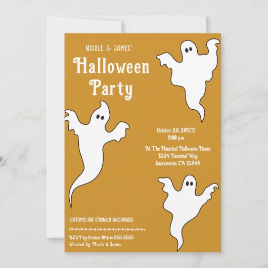 3 Ghosts Orange White Whimsical Halloween-Party Einladung (Vorderseite)