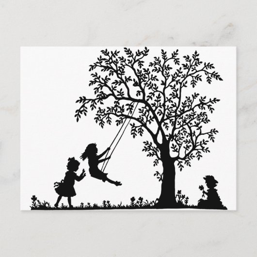3 Girls, Swingon on Tree Swing & Picking Blume Postkarte (Vorderseite)
