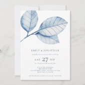 3 Große Aquarellfarben Dusty Blue Blätter QR Hochz Einladung (Vorderseite)