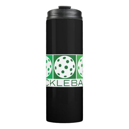 3 Grüne Pickleballs auf Weiß Thermosbecher (Vorderseite)
