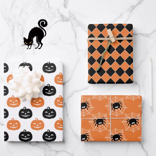 3 Halloween Koordinaten Orange Pumpkins & Spiders Geschenkpapier Set