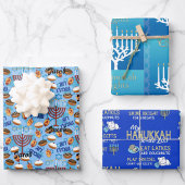 3 Hanukkah Wrapping Paper in Blue Child's Name Geschenkpapier Set