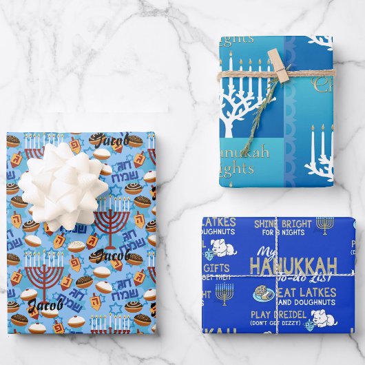 3 Hanukkah Wrapping Paper in Blue Child's Name Geschenkpapier Set
