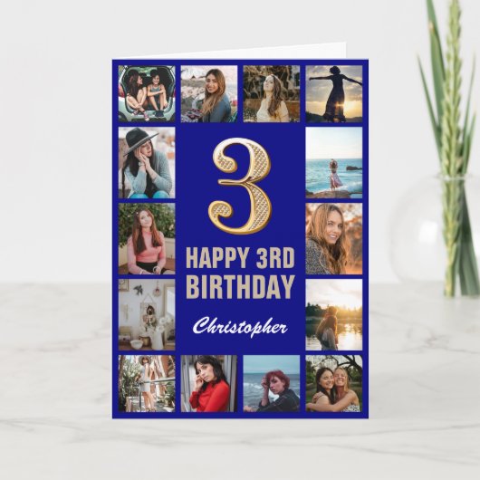 3. Happy Birthday Navy Blue & Gold Foto Collage Karte (Vorderseite)
