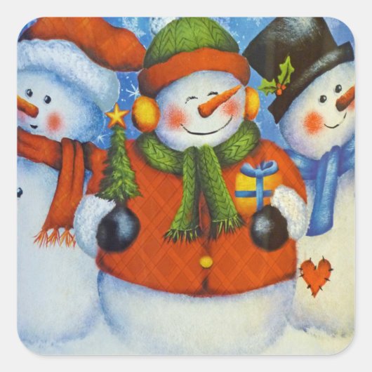 3 Happy Snowmen Quadratischer Aufkleber (Vorderseite)