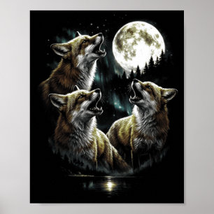 3 heulender Fuchs Mond Aurora Vintage Retro-Stil Poster
