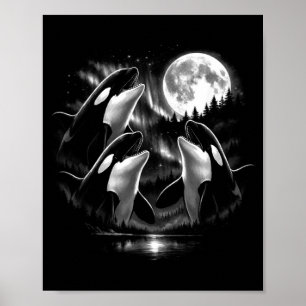 3 heulender Orca Mond Aurora Vintage Retro Stil Poster
