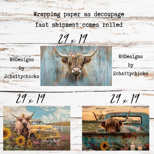 3 Highland Cow Charm Geschenkpapier für Decoupage Set