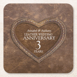 3. Hochzeitstag Lederherz braun Rechteckiger Pappuntersetzer