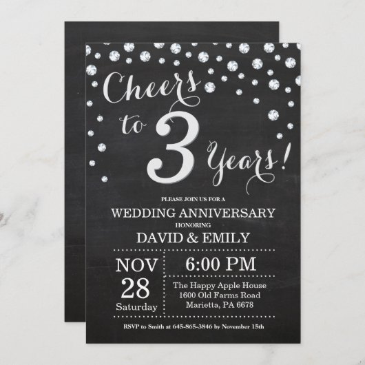 3. Hochzeitstag Schwarzes Silber Chalkboard Einladung (Vorne/Hinten)