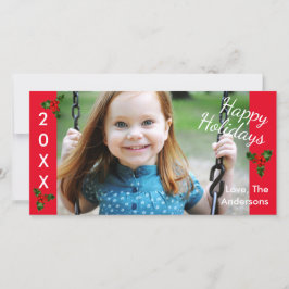 3 Holly Red Happy Holidays - Christmas Foto Card Feiertagskarte