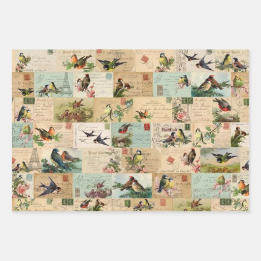 3 Hübsche VogelCollage Ephemeres Sheets Geschenkpapier Set (Vorderseite 2)