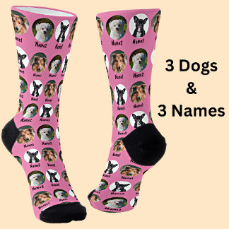3 Hunde, 3 Namen, Hunde Foto - Personalisiert rosa Socken