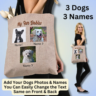 3 Hunde, 3 Namen, kann Text ändern, Hunde-Foto Tasche