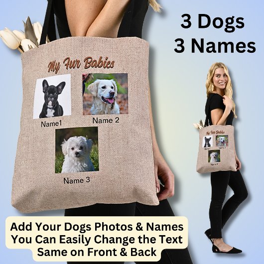 3 Hunde, 3 Namen, kann Text ändern, Hunde-Foto Tasche
