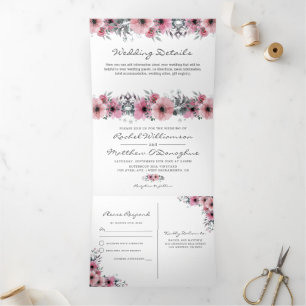 3 in 1 Elegante Rosa Wasserfarbe Florale Hochzeit Dreifach Gefaltete Einladung