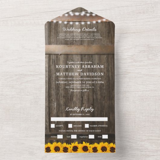 3 in 1 Rustikale Sonnenblumenhochzeit All In One Einladung (Innen Boden)