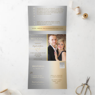 3 in 1 Silber und Gold Foto Hochzeit Dreifach Gefaltete Einladung