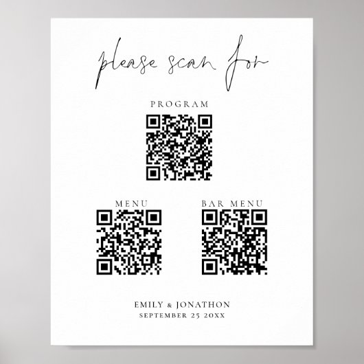 3 in One Qr Codes Bar Menü Programm Skript Hochzei Poster (Vorne)