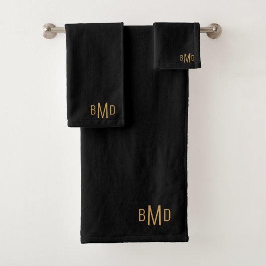 3 Initial Monogram Gold Script Name Black Badhandtuch Set (Insitu)