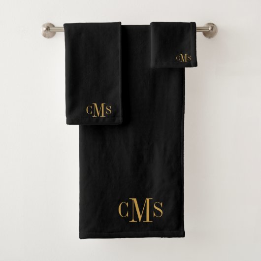 3 Initial Monogram Gold Script Name Black Badhandtuch Set (Insitu)