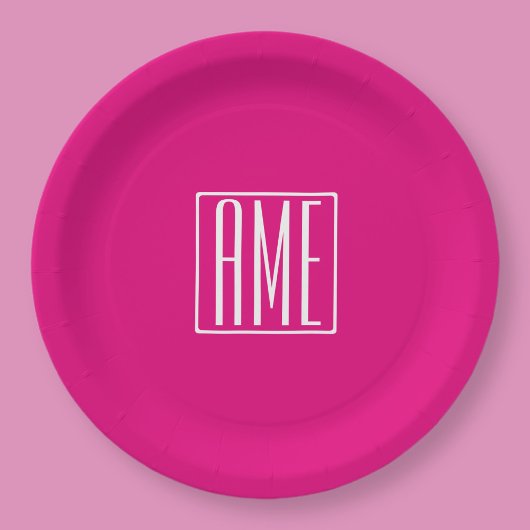 3 Initialen Monogramm | Weiß auf Hot Pink Pappteller