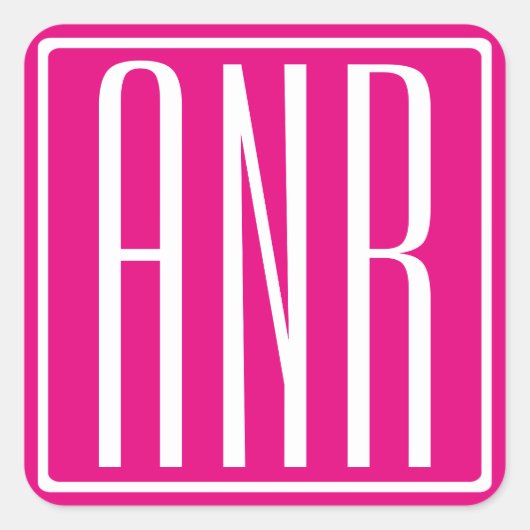 3 Initialmonogramm | Weiß auf heiß rosa Quadratischer Aufkleber (Vorderseite)
