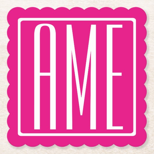 3 Initialmonogramm | Weiß auf heiß rosa Untersetzer (Vorderseite)