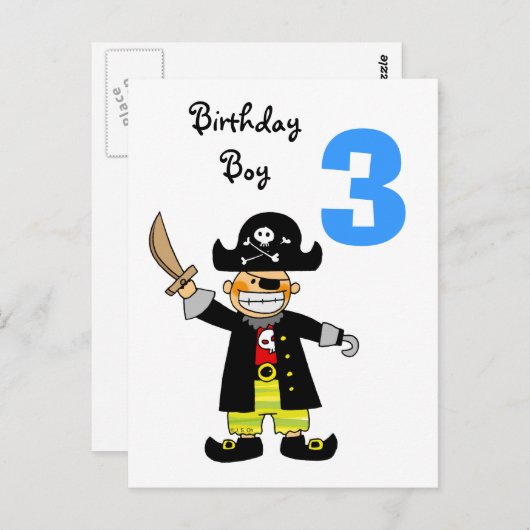 3 Jahre alter Piratenjunge Postkarte (Vorne/Hinten)