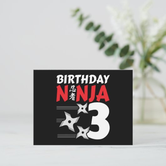 3 Jahre altes Ninja Party Sterne Kinder 3. Geburts Postkarte (Stehend Vorderseite)