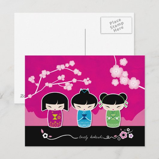 3 Kokeshi Postcard Postkarte (Vorne/Hinten)