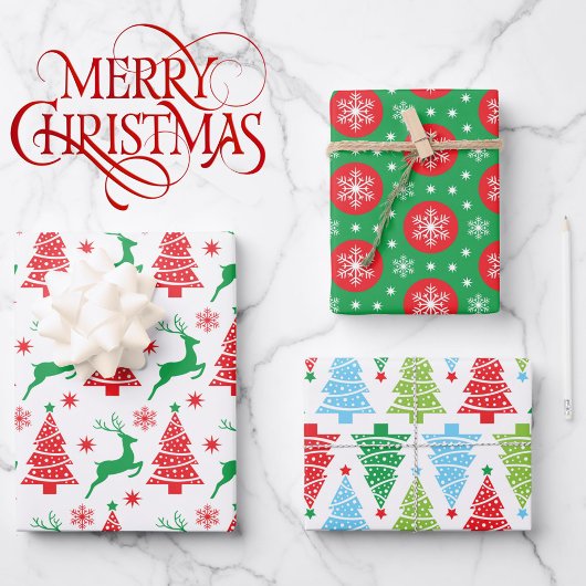 3 Koordination der Red Green Christmas Tree Rentie Geschenkpapier Set