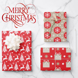 3 Koordination der Red Tan Weihnachtsbaum-Rentiere Geschenkpapier Set