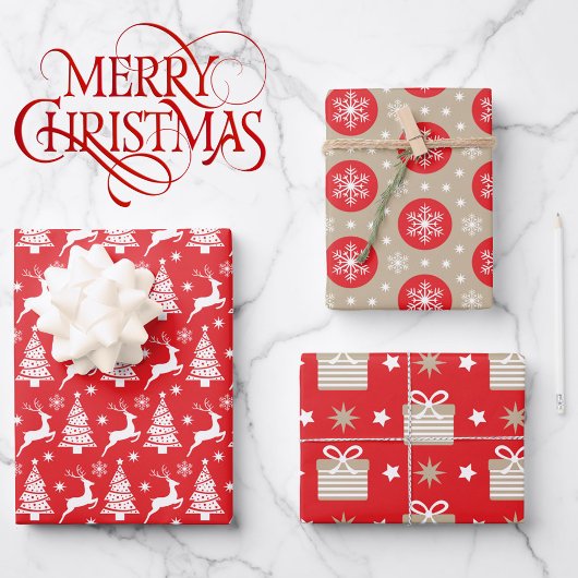 3 Koordination der Red Tan Weihnachtsbaum-Rentiere Geschenkpapier Set