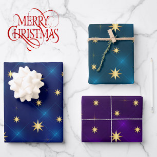 3 Koordination von Star Blue Lila Aquamarinen Urla Geschenkpapier Set