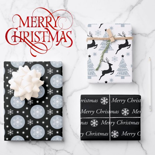 3 Koordinierung der Schwarz-weißen Weihnachtsschne Geschenkpapier Set