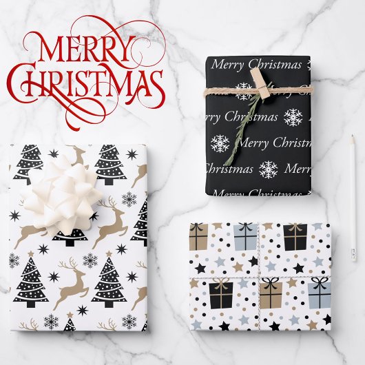 3 Koordinierung Schwarz-weißer Weihnachtsgeschenke Geschenkpapier Set