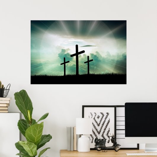 3 Kreuze auf einem Hügel Beschreibung der Kreuzigu Poster (Heimbüro)