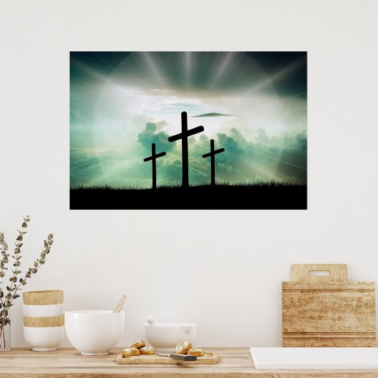 3 Kreuze auf einem Hügel Beschreibung der Kreuzigu Poster (Küche)