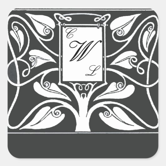 3 Letter Monogram mit Schwarz-Weiß-Blätter Quadratischer Aufkleber (Vorderseite)