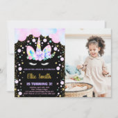 3. Lila Einhorngeburtstag Einladung mit Foto (Vorderseite)