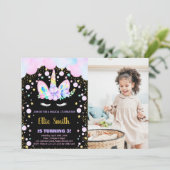 3. Lila Einhorngeburtstag Einladung mit Foto (Stehend Vorderseite)