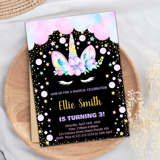 3. Lila Einhorngeburtstagseinladungen Einladung