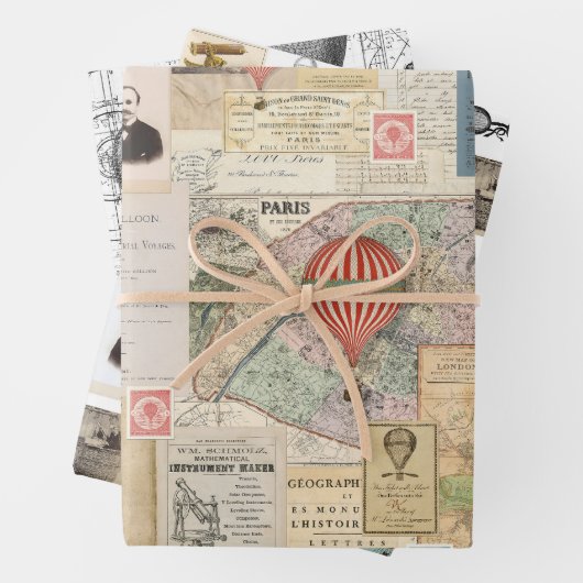 3 Luftfahrt-Ballon Collage Ephemera Sheets Geschenkpapier Set (Beispiel)