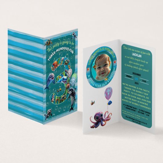 3-Mendous Party Custom Vertical Birthday Invite Visitenkarten (Innenseite und Außenseite)