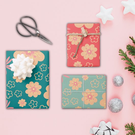 3 Mix Weihnachtsfarben Blumenmuster Geschenkpapier Set