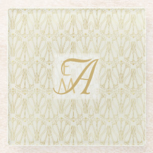 3 Monogramm Art Deco Gold Creme Neuvermählte Dekor Glasuntersetzer